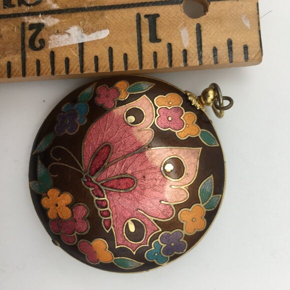 Cloisonne Butterfly Pendant Necklace Black Pink Enamel Puff Double Sided Flowers - Picture 14 of 14